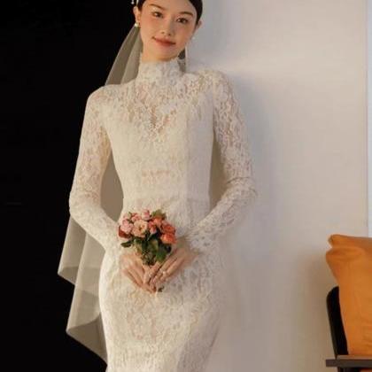 High Collar Light Wedding Dress, Bride Simple Long..