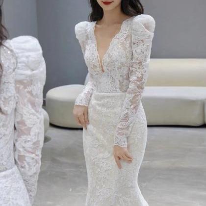 V-neck Wedding Dress,lace Bridal Dress, White Long..