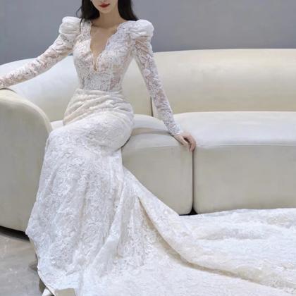 V-neck Wedding Dress,lace Bridal Dress, White Long..