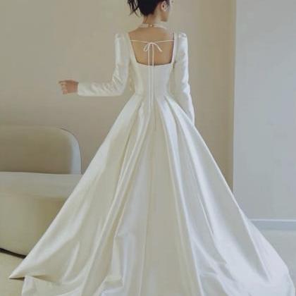 Satin Wedding Dress, Long Sleeve Bridal Dress, Off..