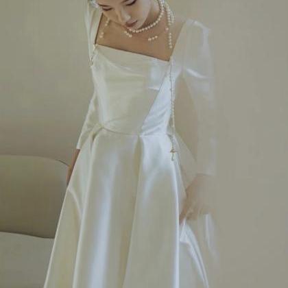 Satin Wedding Dress, Long Sleeve Bridal Dress, Off..