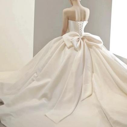 Satin Strapless Weddug Dress, White Bridal..