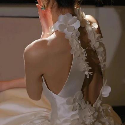 Vintage High Sense Satin Bridal Dress, Flower..