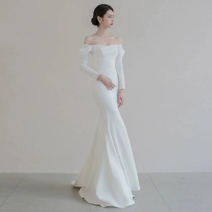 Off-shoulder Wedding Dress, Simple Satin Bridal..