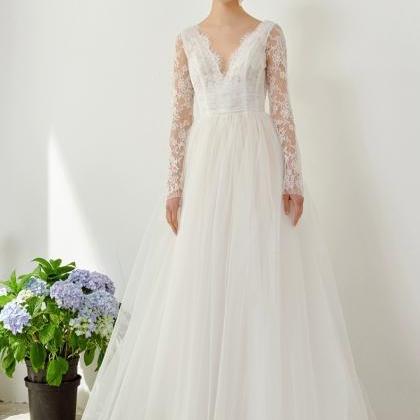 Long Sleeve Bridal Dress,lace V-neck Wedding..