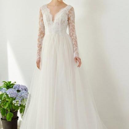 Long Sleeve Bridal Dress,lace V-neck Wedding..