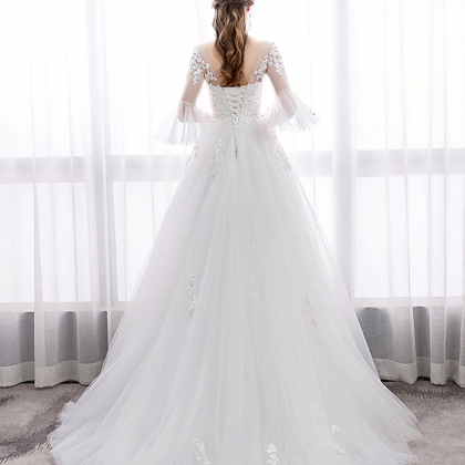 White V Neck Tulle Lace Long Wedding Dress, Lace..