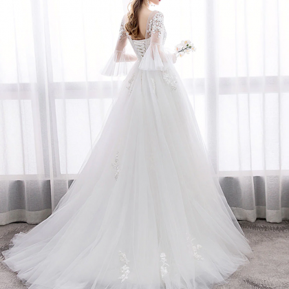 White V Neck Tulle Lace Long Wedding Dress, Lace..