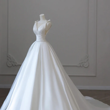 A-line V-neck Satin Wedding Dress, White Satin..