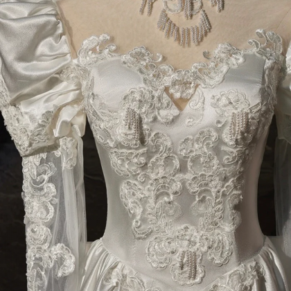 A-line Satin Lace Long Sleeve Prom Dress, Elegant..
