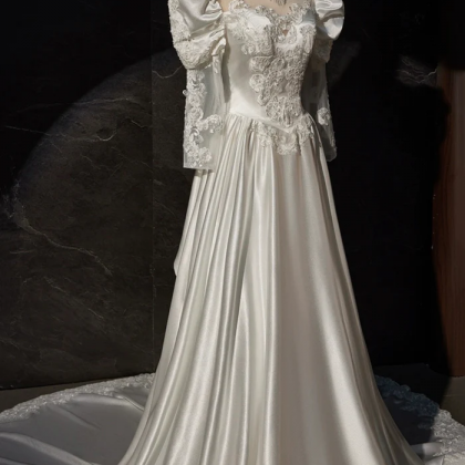 A-line Satin Lace Long Sleeve Prom Dress, Elegant..