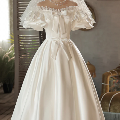 White Satin Lace Off Shoulder Prom Dress, White..