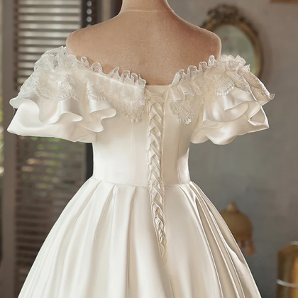White Satin Lace Off Shoulder Prom Dress, White..