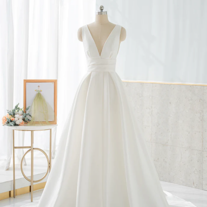 White V-neck Satin Long Prom Dress, Simple A-line..