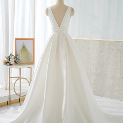 White V-neck Satin Long Prom Dress, Simple A-line..