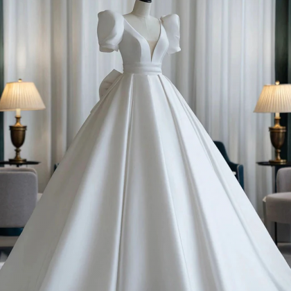 A-line V-neck Satin Wedding Dress, White Short..