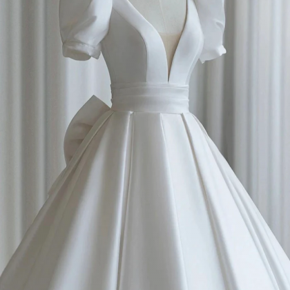 A-line V-neck Satin Wedding Dress, White Short..