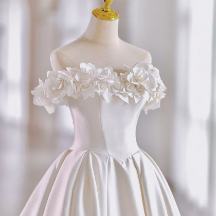 White Satin Long A-line Ball Gown, Off The..