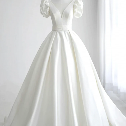 White V-neck Satin Long Prom Dress, A-line Short..