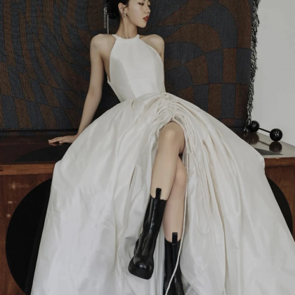 Elegant Halter Satin Long Prom Dress, A-line Satin..