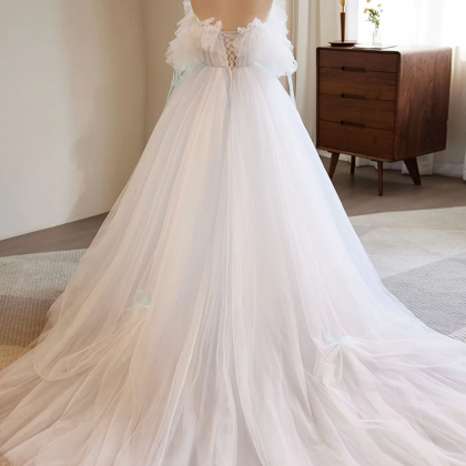 White A-line Tulle Long Prom Dress, White Formal..