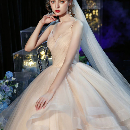 Champagne V Neck Tulle Long Wedding Gown Champagne..