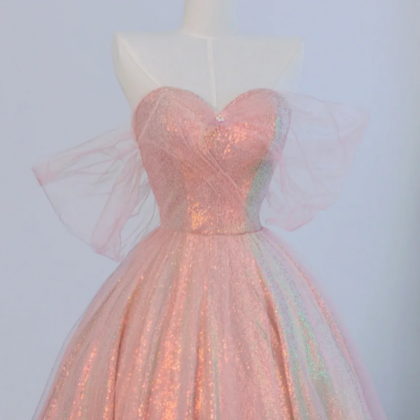 Pink Tulle And Sparkling Sequins Floor Length Prom..