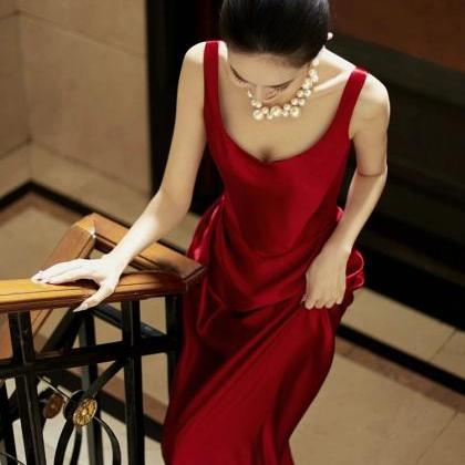 Vintage Simple Premium Wine Red Satin Dress,..