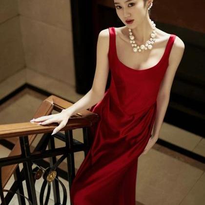 Vintage Simple Premium Wine Red Satin Dress,..