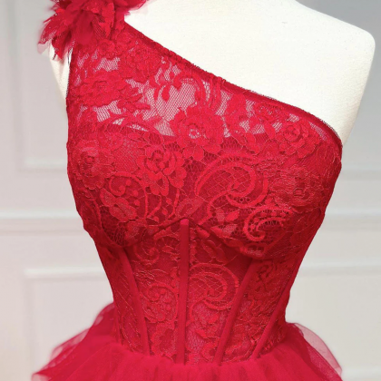 One Shoulder Tulle Lace Burgundy Long Prom Dress,..