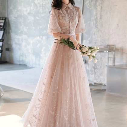 A-line Champagne Tulle Sequin Long Prom Dresses,..