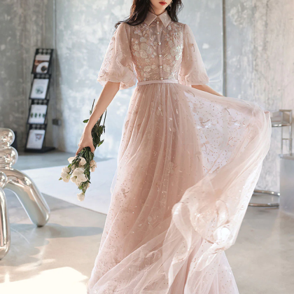 A-line Champagne Tulle Sequin Long Prom Dresses,..