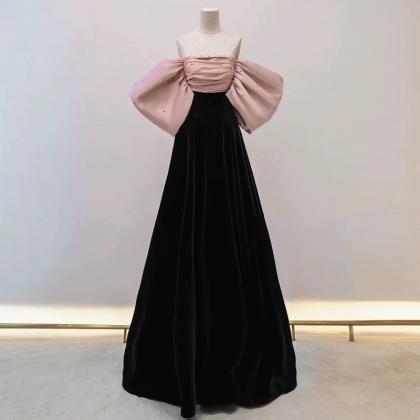 Black/pink Velvet Long Prom Dress, Black Long..