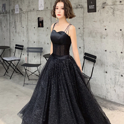 Black Tulle Sequin Long Prom Dress, Black Tulle..