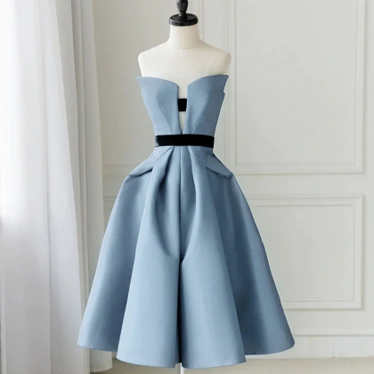 Simple Satin Blue Short Prom Dress, Blue..