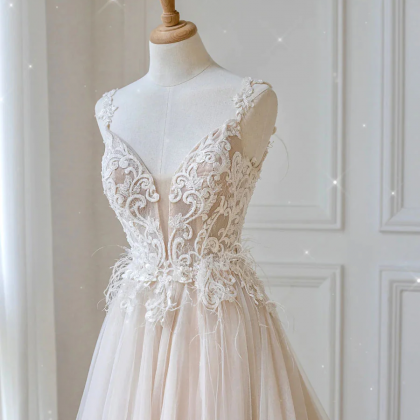 Champagne V Neck Tulle Lace Long Prom Dress,..