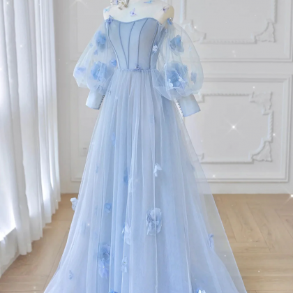 Blue Tulle Lace Long Prom Dress, Blue Tulle Lace..
