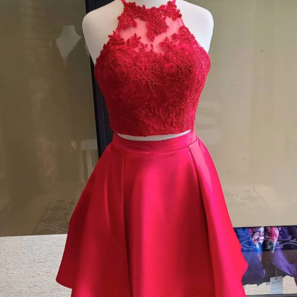 Simple Red Two Pieces Short Lace Prom Dress, Red..