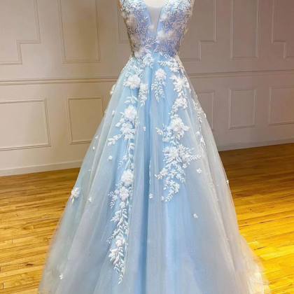 Blue V Neck Tulle Lace Long Prom Dress Blue Lace..