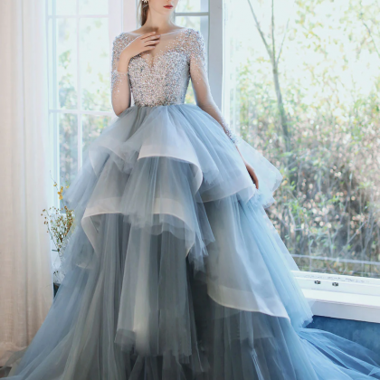 Blue Round Neck Tulle Sequin Long Prom Gown Blue..