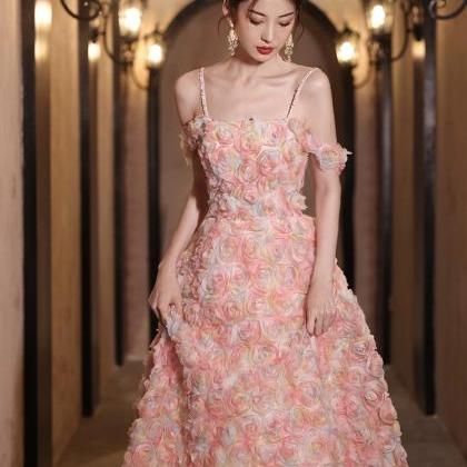 Pink Floral Dress,unique Evening Dress,l Ight..