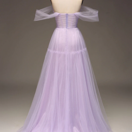 Off Shoulder Tulle Long Prom Dress Purple Evening..
