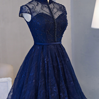 Short Party Dress Lace Prom Dress, Navy Blue..