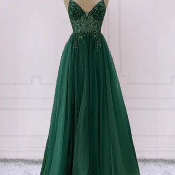 Spaghetti Strap Prom Dress,dark Green Tulle..