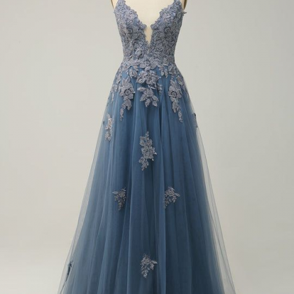 Blue Prom Dress,spaghetti Strap Evening..