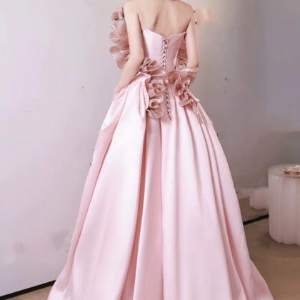 Blush Pink Sweet Satin A Line Off Shoulder Prom..