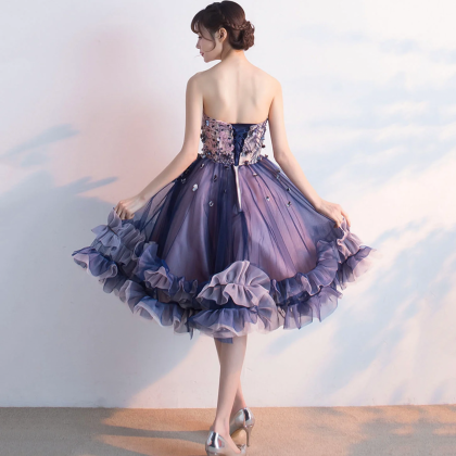 Purple Tulle Lace Short Prom Dress Cute Homecoming..