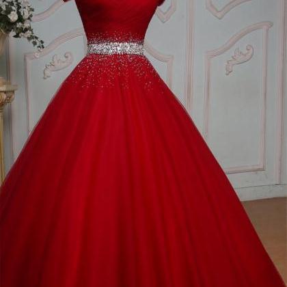 Red Evening Dress, Tulle Beaded Long Prom Dress,..