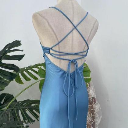 Spaghetti Long Mermaid Prom Dresses,blue Satin..