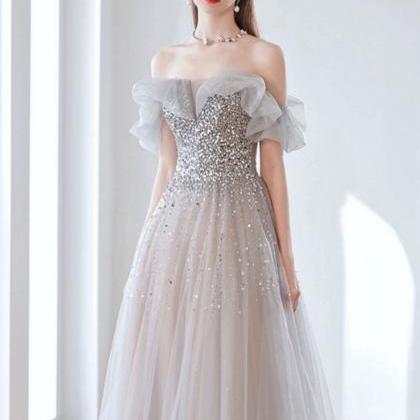 Gray A Line Off Shoulde Prom Dress Fairy Beaded..